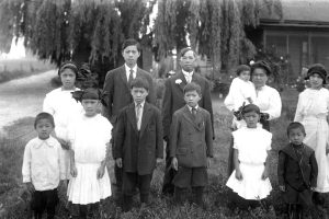 Chinese American family in their front yard in Artesia, California