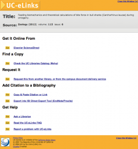 UC-eLinks window screenshot after submitting Citation Linker form