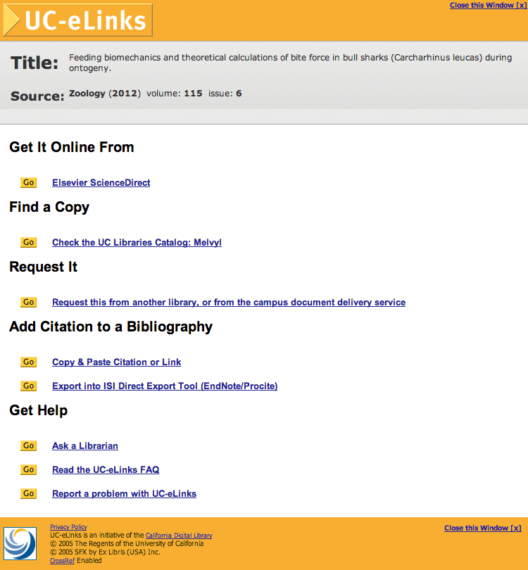 UC-eLinks window screenshot after submitting Citation Linker form