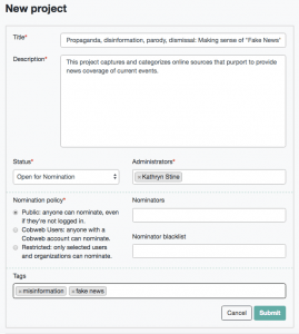 image of Cobweb entry screen for establishing a web archiving collecting project