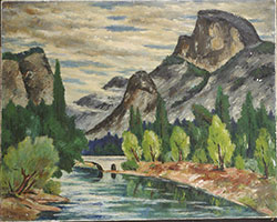 Painting of a river and Half Dome mountain.