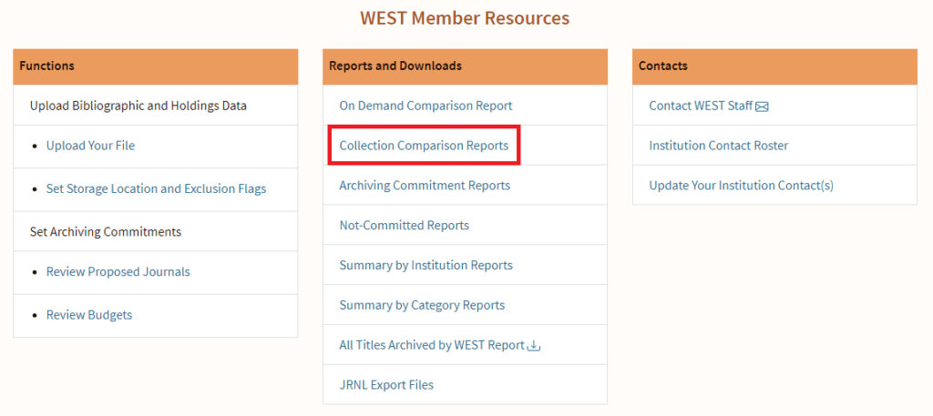 AGUA Dashboard with location of Collection Comparison Reports link highlighted