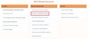 AGUA Dashboard with location of Collection Comparison Reports link highlighted
