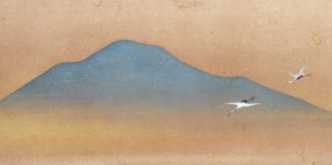 Two birds soar towards mountain peak.
