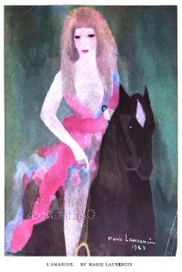 Illustration shows a young woman in a brightly colored dress on a black horse