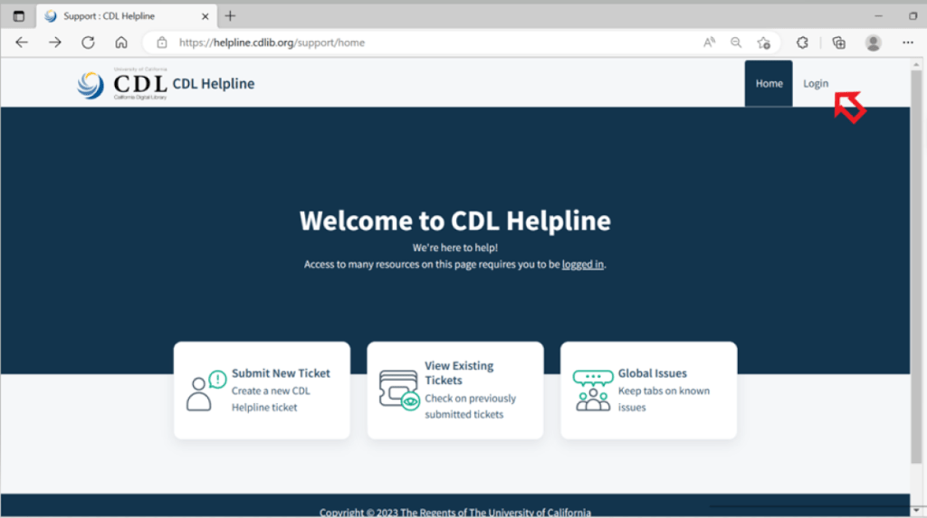 CDL Helpline website with a red arrow point to the Login button on upper right hand side of website