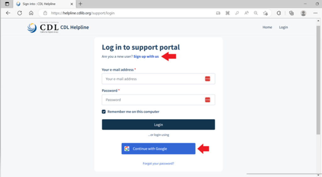 CDL Helpline log in to support portal page with a red arrow pointing toward the linked Sign up with us text and another red arrow point towards the Continue with Google button