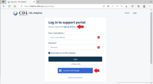 CDL Helpline log in to support portal page with a red arrow pointing toward the linked Sign up with us text