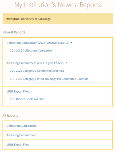 Screenshot of the new Newest Reports page, showing the newest Collection Comparison report, Archiving Commitment report, and JRNL Export Files, as well as links to the individual pages for each report type.