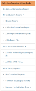 Updated AGUA Collections Report and Downloads layout with expanded sections showing links to the individual pages for each report type.