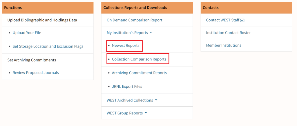 Screenshot of AGUA Dashboard with Newest Reports and Collections Comparison Reports links highlighted