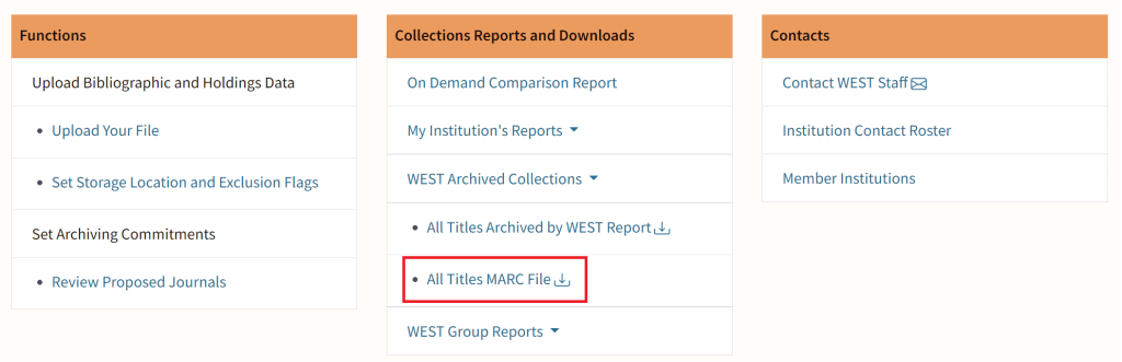 Screenshot of AGUA Dashboard with All Titles MARC File link highlighted