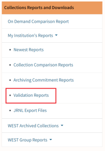 AGUA Dashboard with Validation Reports link highlighted