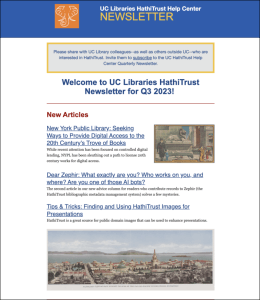 Screenshot of UC Libraries HathiTrust Newsletter for Q3 2023