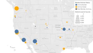 A map of the United States showing WEST members as circles proportional to the size of their held collections.