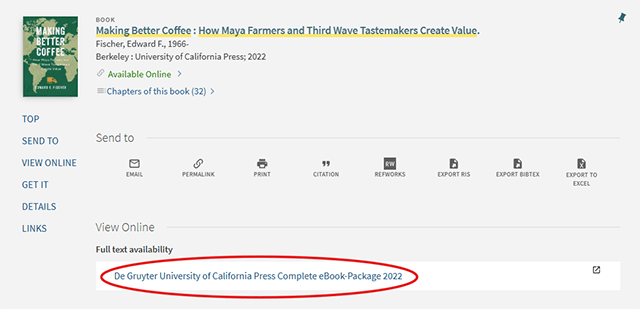 A screenshot of an example catalog record which shows an active link for an eBook, circled in red.