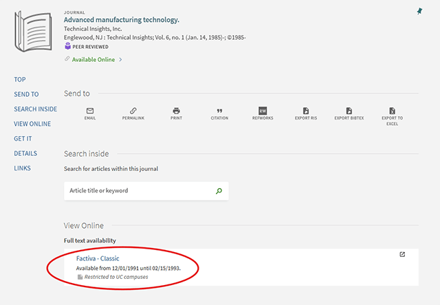 A screenshot of an example catalog record which shows an active link for an eJournal, circled in red.