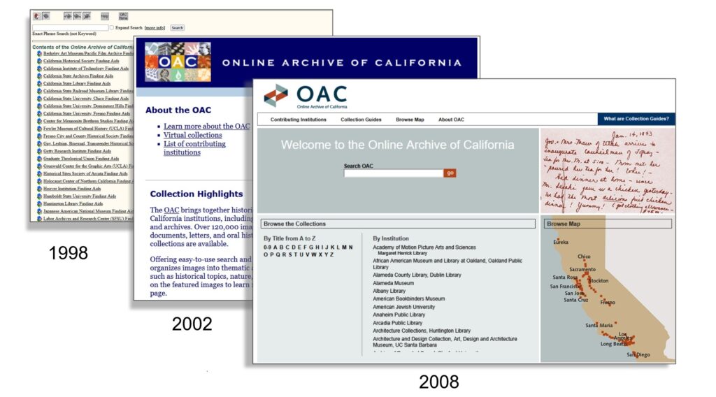 Images of OAC homepage from 1998, 2002, and 2008