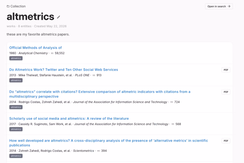 A working prototype on openalex.org with a collection applied as a filter, narrowing a search to only works published in those journals.
